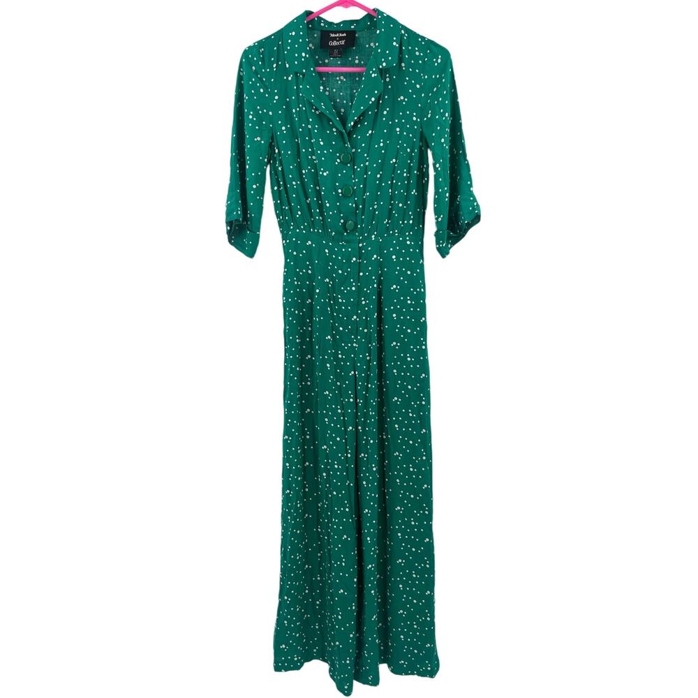 MODCLOTH X COLLECTIF Jumpsuit Size 2 Green Dots Retro Pinup Away You Go Vintage